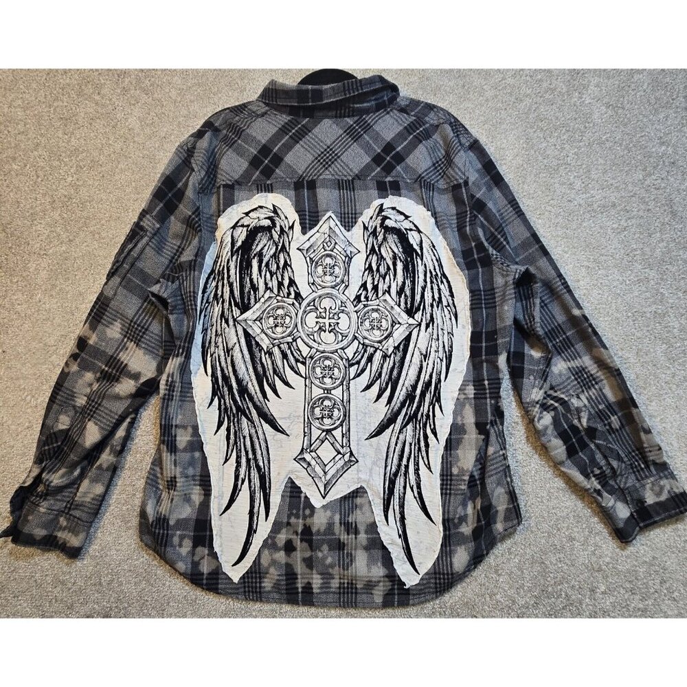 OOAK Upcycled Plaid Shirt Rockabilly Grunge Goth Cross Wings Boyfriend Fit XXL